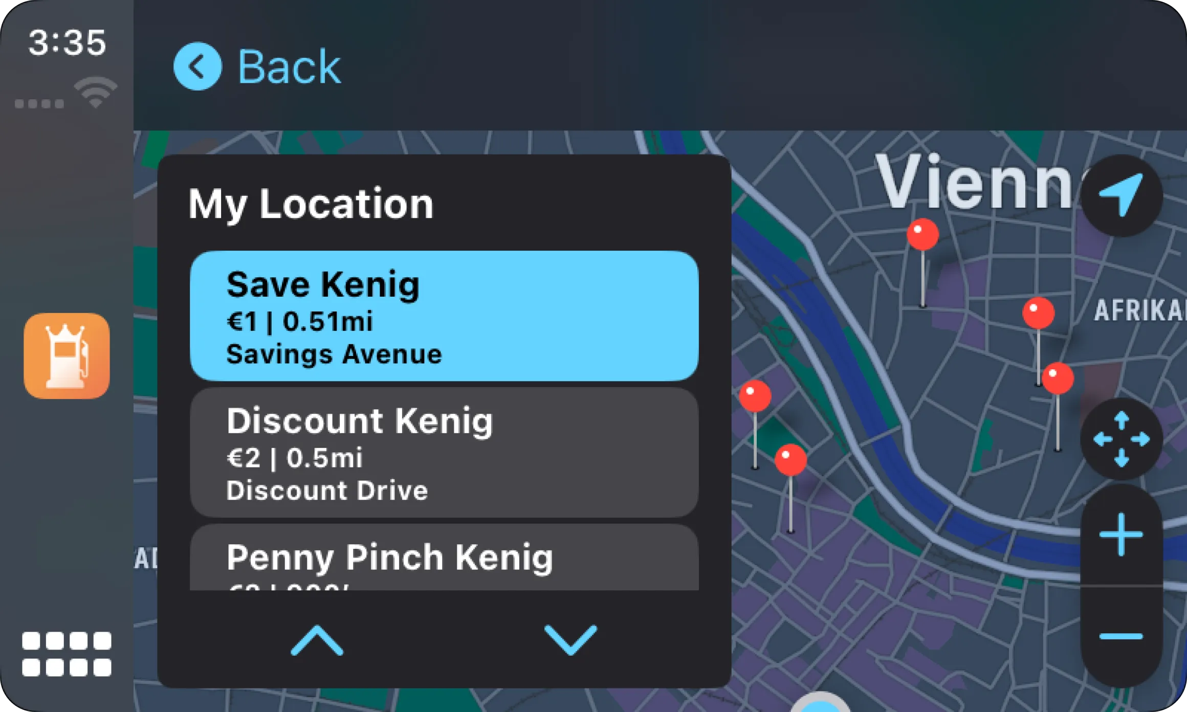 Spritkenig auf Apple CarPlay: Tankstellenliste mit Preisen neben der Karte