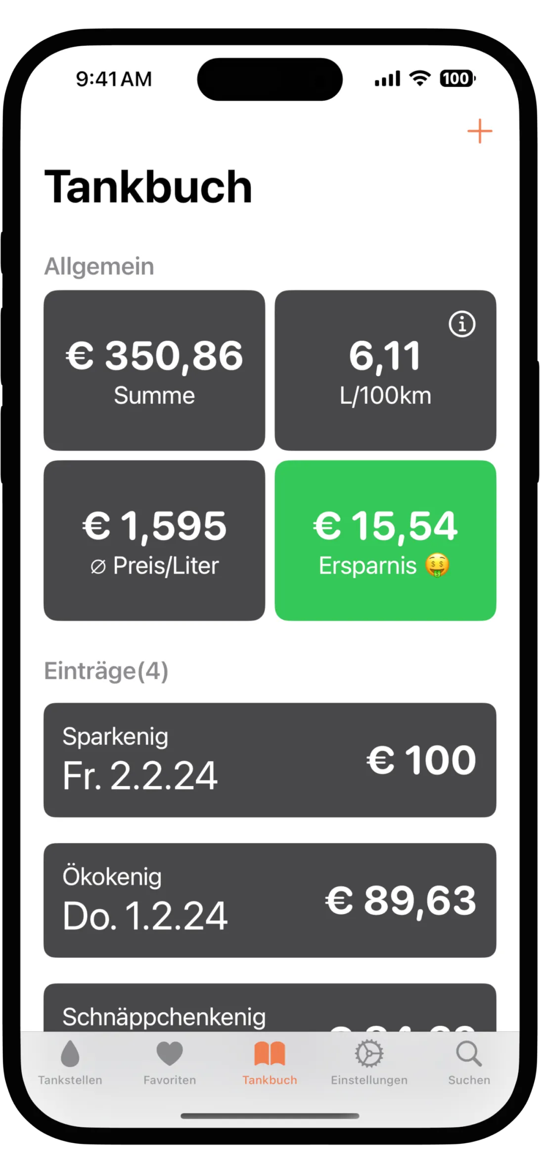 Spritkenig Tankbuch auf dem iPhone: Summe, Verbrauch, Preis pro Liter und Einträge