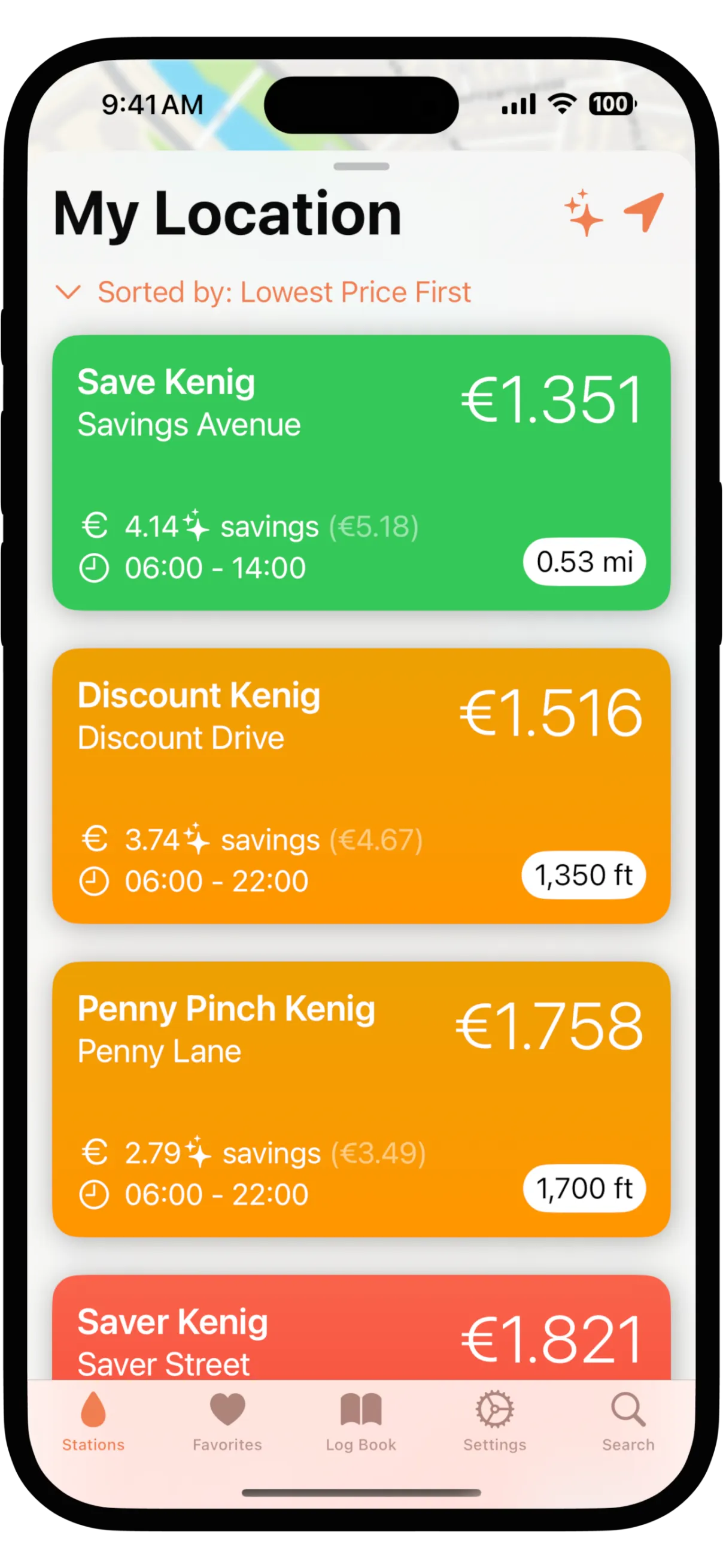 Spritkenig auf dem iPhone: Tankstellen in der Nähe, sortiert nach Preis